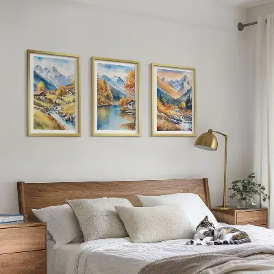 Autumn mountains river houses framed wall art set of 3 pieces