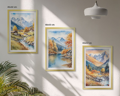 Set of 3 framed wall art pieces Autumn mountains river houses