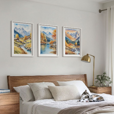 Set of 3 framed wall art pieces Autumn mountains river houses