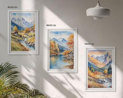 Set of 3 framed wall art pieces Autumn mountains river houses