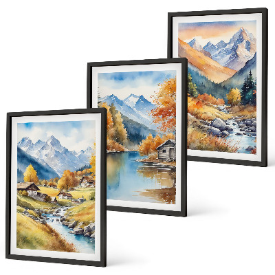 Set of 3 framed wall art pieces Autumn mountains river houses
