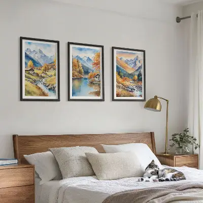 Autumn mountains river houses framed wall art set of 3 pieces
