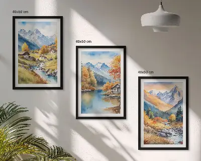 Autumn mountains river houses framed wall art set of 3 pieces