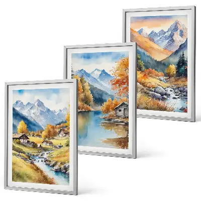 Autumn mountains river houses framed wall art set of 3 pieces