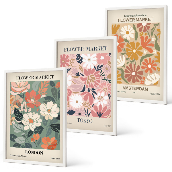 Wall art set Floral patterns London Tokyo Amsterdam