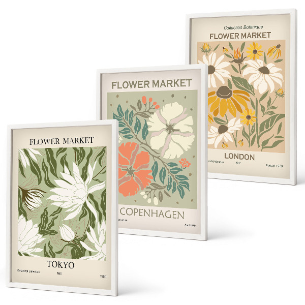 Three-piece wall art piece Floral motifs from cities around the world