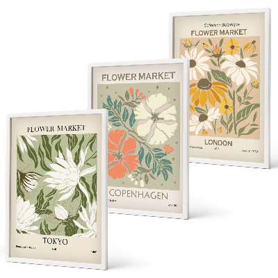 Three-piece wall art piece Floral motifs from cities around the world