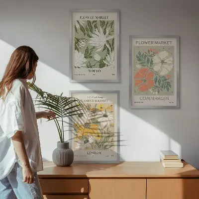 Three-piece floral wall art set featuring motifs from cities around the world