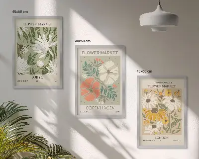 Three-piece floral wall art set featuring motifs from cities around the world