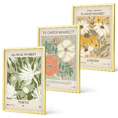 Three-piece floral wall art set featuring motifs from cities around the world