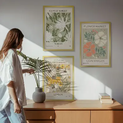 Three-piece floral wall art set featuring motifs from cities around the world