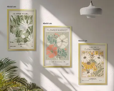 Three-piece floral wall art set featuring motifs from cities around the world