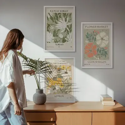 Three-piece floral wall art set featuring motifs from cities around the world