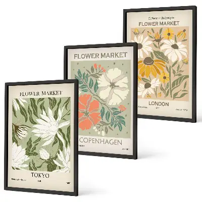 Three-piece floral wall art set featuring motifs from cities around the world