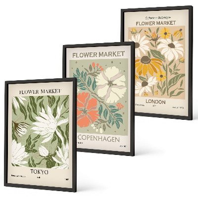 Three-piece wall art piece Floral motifs from cities around the world