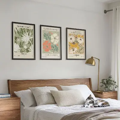 Three-piece floral wall art set featuring motifs from cities around the world