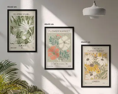 Three-piece floral wall art set featuring motifs from cities around the world