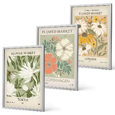 Three-piece floral wall art set featuring motifs from cities around the world