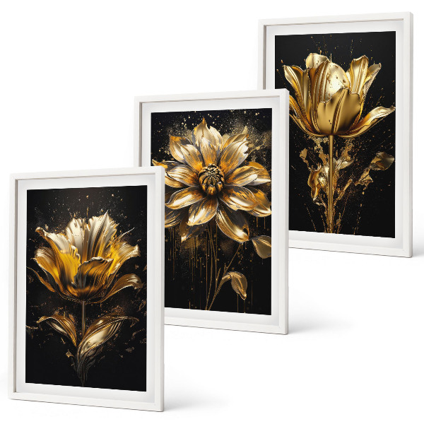 Set of 3 framed wall art pieces Yellow flowers on a dark background