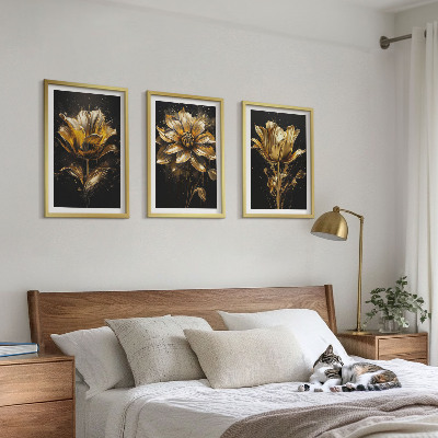 Set of 3 framed wall art pieces Yellow flowers on a dark background