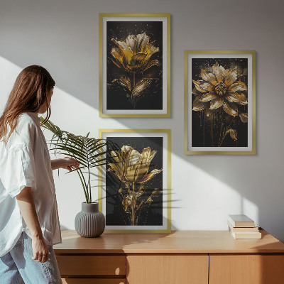 Set of 3 framed wall art pieces Yellow flowers on a dark background