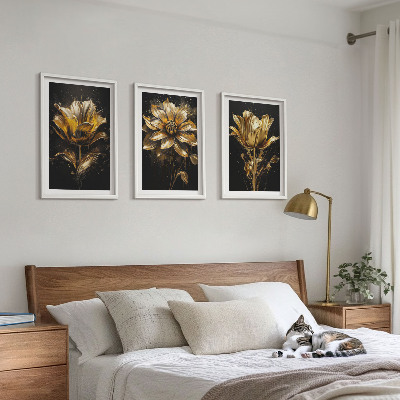 Set of 3 framed wall art pieces Yellow flowers on a dark background