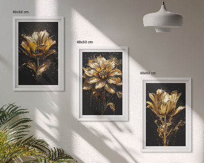 Set of 3 framed wall art pieces Yellow flowers on a dark background