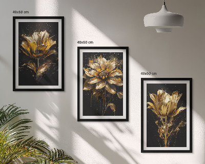 Set of 3 framed wall art pieces Yellow flowers on a dark background