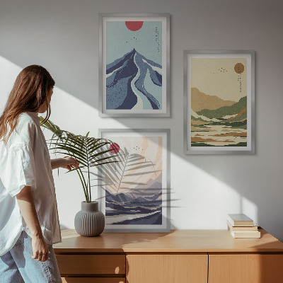 Set of 3 framed wall art pieces Pastel mountains japandi style