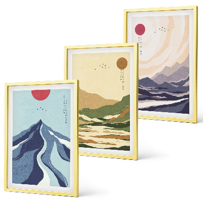 Set of 3 framed wall art pieces Pastel mountains japandi style