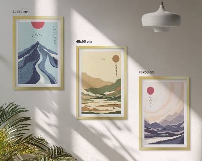 Set of 3 framed wall art pieces Pastel mountains japandi style