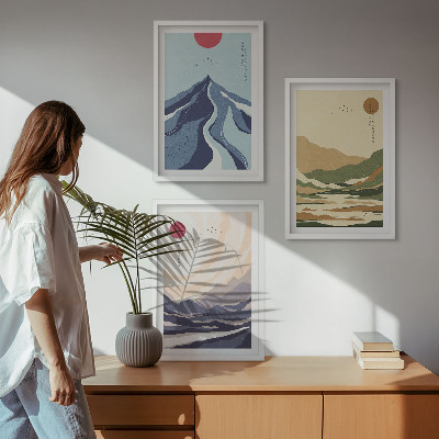 Set of 3 framed wall art pieces Pastel mountains japandi style