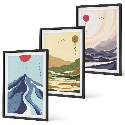 Set of 3 framed wall art pieces Pastel mountains japandi style