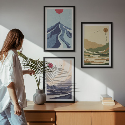 Set of 3 framed wall art pieces Pastel mountains japandi style