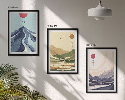 Set of 3 framed wall art pieces Pastel mountains japandi style