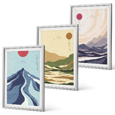 Set of 3 framed wall art pieces Pastel mountains japandi style
