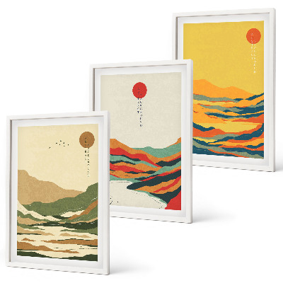 Set of 3 framed wall art pieces Colorful patterns of Japandi river mountains