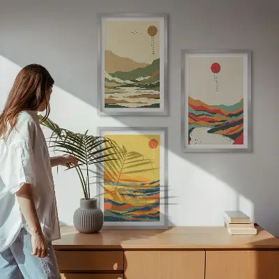 Set of 3 framed wall art pieces colorful Japandi mountain and river patterns