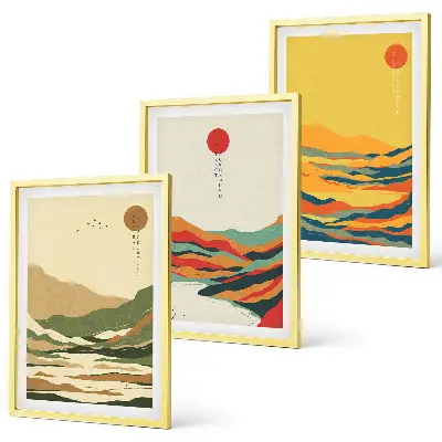Set of 3 framed wall art pieces colorful Japandi mountain and river patterns