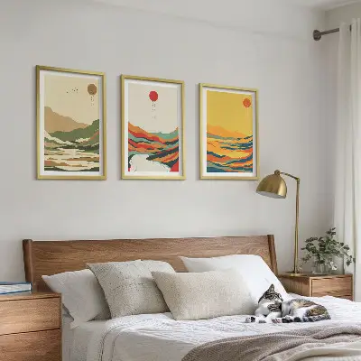 Set of 3 framed wall art pieces colorful Japandi mountain and river patterns