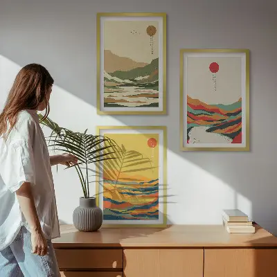 Set of 3 framed wall art pieces colorful Japandi mountain and river patterns