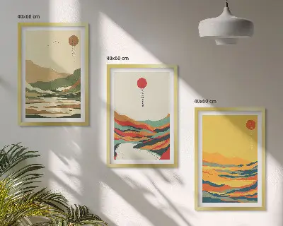 Set of 3 framed wall art pieces colorful Japandi mountain and river patterns