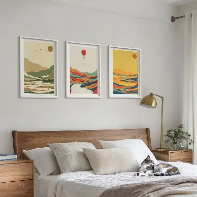Set of 3 framed wall art pieces colorful Japandi mountain and river patterns