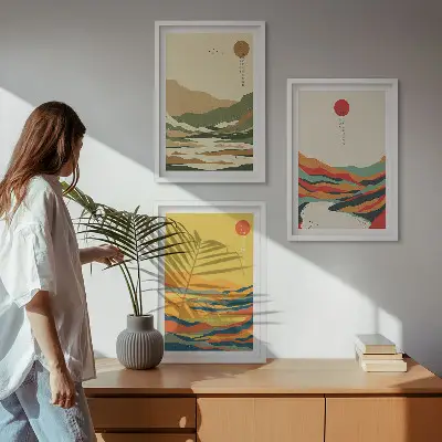 Set of 3 framed wall art pieces colorful Japandi mountain and river patterns