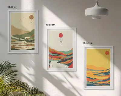 Set of 3 framed wall art pieces colorful Japandi mountain and river patterns