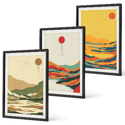 Set of 3 framed wall art pieces Colorful patterns of Japandi river mountains