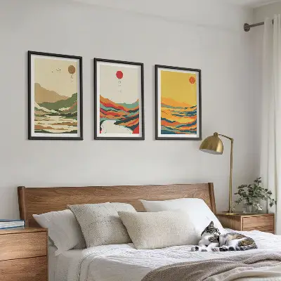 Set of 3 framed wall art pieces colorful Japandi mountain and river patterns