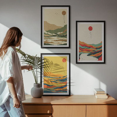 Set of 3 framed wall art pieces Colorful patterns of Japandi river mountains
