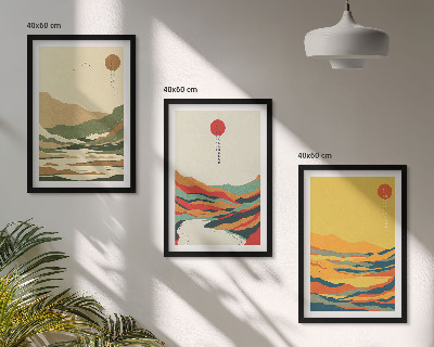 Set of 3 framed wall art pieces Colorful patterns of Japandi river mountains
