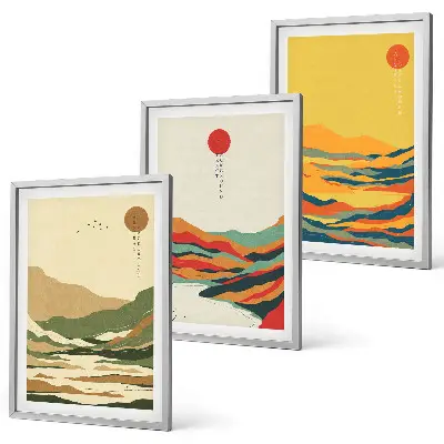 Set of 3 framed wall art pieces colorful Japandi mountain and river patterns